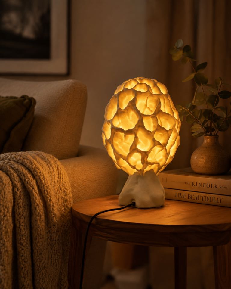 Morchella lamp glowing in evening decor